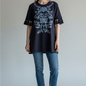 JM Collection Women's Embroidered Fringe-Trim Knit Poncho Top Size PM